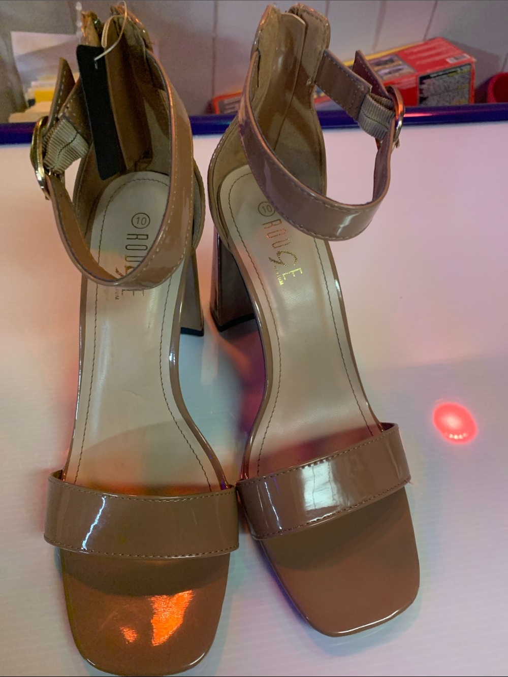 Rouge Helium Nude Patent Ankle-Strap Block Heels